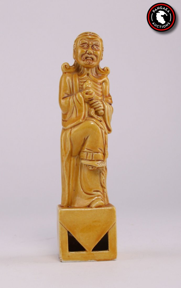 Chinese figural glazed roof tile ornament of god, 19th: Chinese figural glazed roof tile ornament of god, 19th Century OR early 20th Century. SIZE: see attached ruler photo. Photos are part of the description representing the condition report and can be us