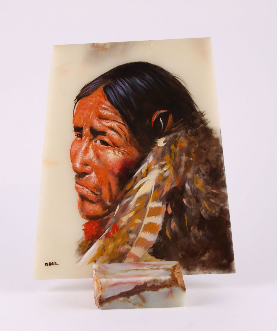 Native American Chief oil painting on onyx stone slab, (1 of 5)