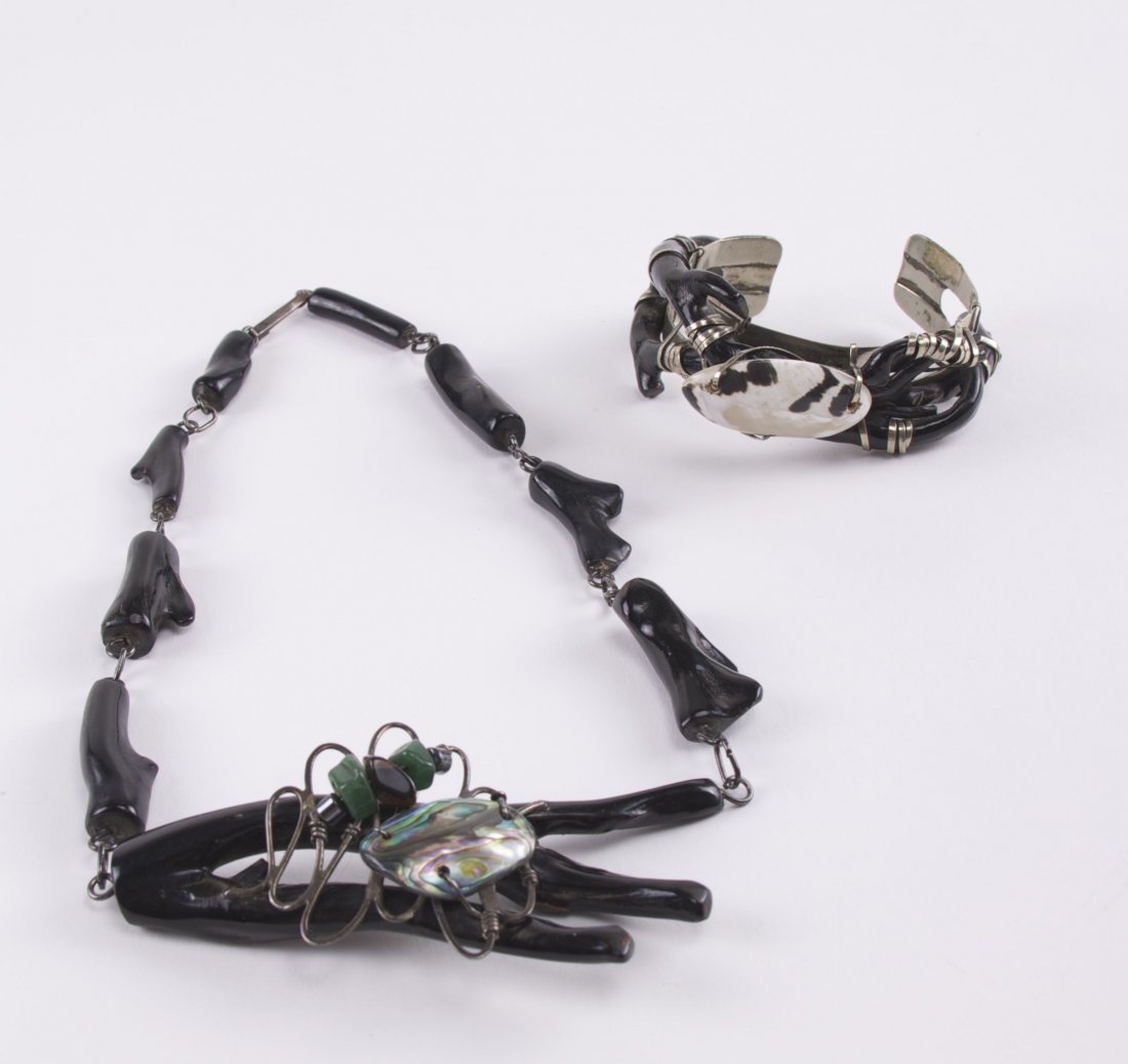 Vintage Cuban black coral sterling silver necklace and: Vintage Cuban black coral sterling silver necklace and bracelet with mother of pearl shell. SIZE: see attached ruler photo. Photos are part of the description representing the condition report and can
