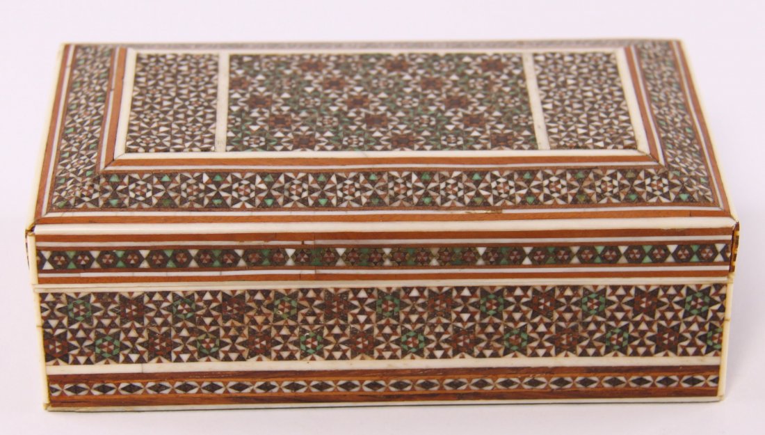 Fine antique Syrian inlaid hand made marquetry micro: Fine antique Syrian inlaid hand made marquetry micro mosaic jewelry box. SIZE: see attached ruler photo. Photos are part of the description representing the condition report and can be used for authen