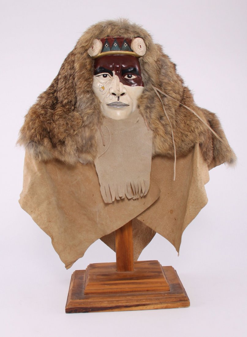 Tribal warrior wood carved bust with painted face with: Tribal warrior wood carved bust with painted face with natural animal fur dressing. SIZE: see attached ruler photo. Photos are part of the description representing the condition report and can be used
