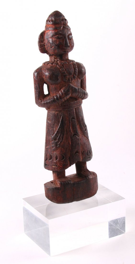 Antique Nepalese (Nepal) stained wood idol carving of: Antique Nepalese (Nepal) stained wood idol carving of the Bodhisattva Vajravarahi mounted on a Lucite base. SIZE: see attached ruler photo. Photos are part of the description representing the conditio