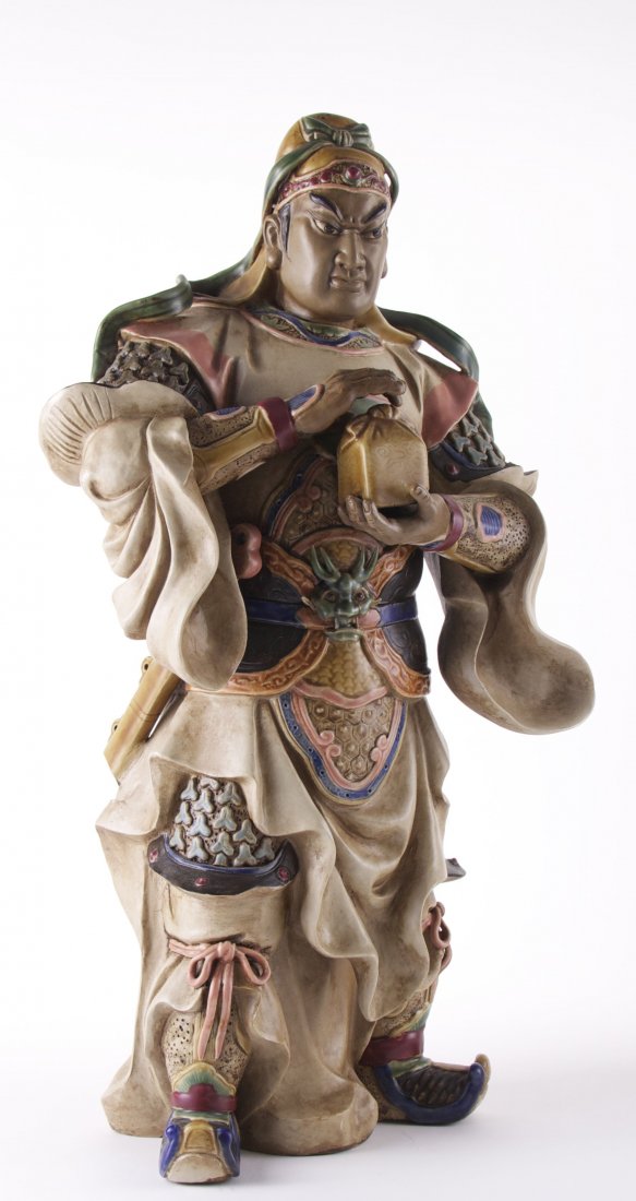 Chinese Warrior bearing a gift.  A polychrome ceramic (1 of 9)