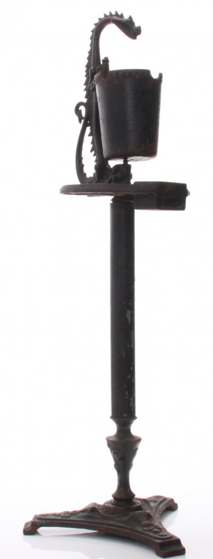 19th Century cast iron mechanical Dragon ashtray / ciga: 19th Century cast iron mechanical Dragon ashtray / cigar smoking stand. SIZE: see attached ruler photo. Photos are part of the description representing the condition report and can be used for authent