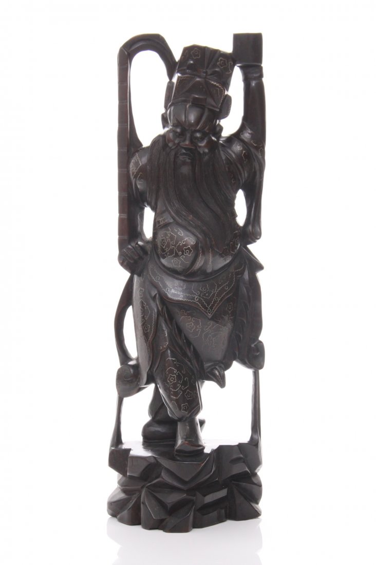 19th Century and turn of the early 20th Century (est. 1: 19th Century and turn of the early 20th Century (est. 1890- 1920), Chinese carved hard wood statue of a god with silver inlay decoration throughout. SIZE: see attached ruler photo. Photos are part of 