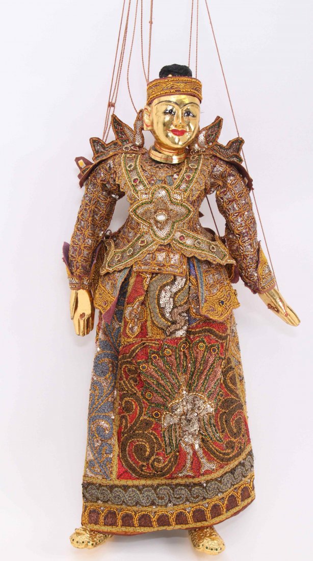 Exquisite vintage Thai / Siam hand beaded and jeweled p: Exquisite vintage Thai / Siam hand beaded and jeweled puppet. Polychromed, carved, hand sewn beaded and sequined costume, gilt wood shoes, early to mid 20th Century. SIZE: see attached ruler photo. Ph