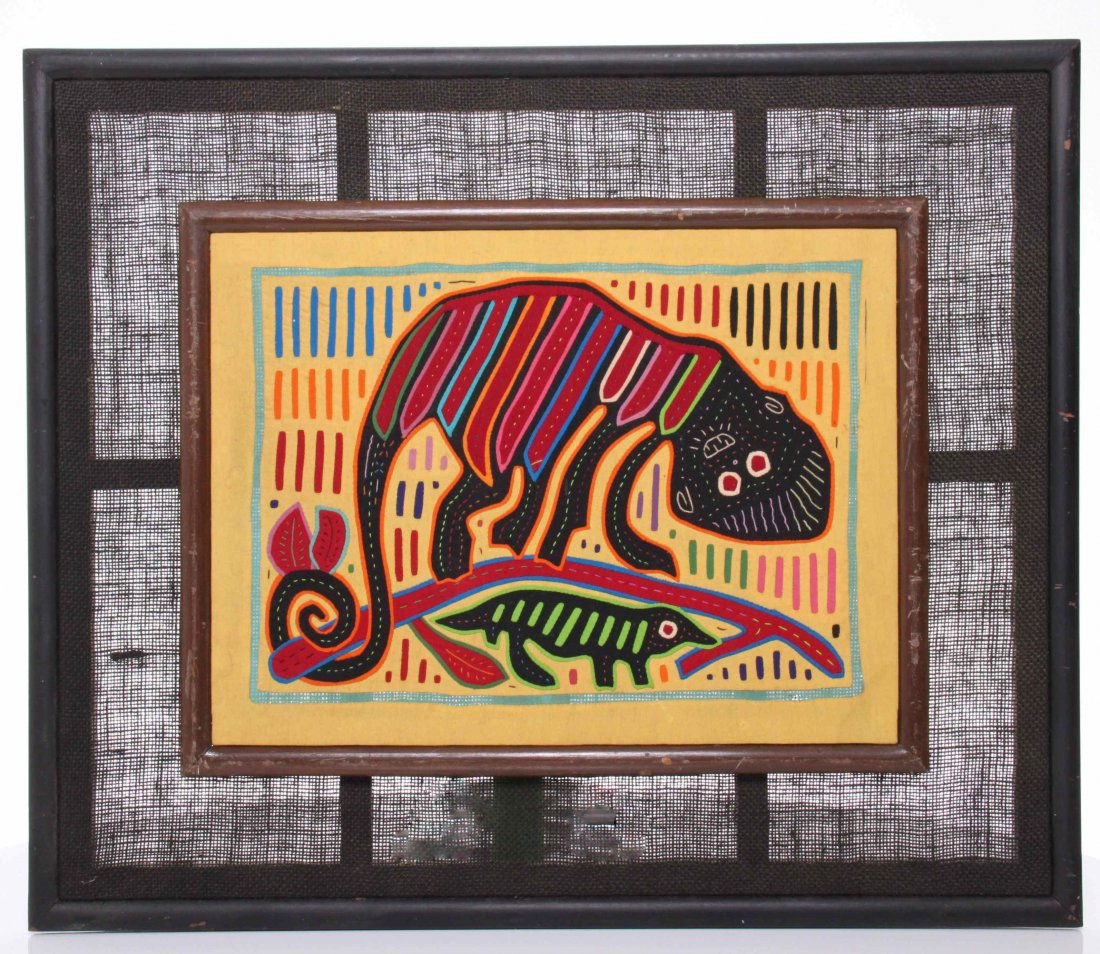 Mid Century "Monkey Playing with Lizard", a brilliant c: Mid Century "Monkey Playing with Lizard", a brilliant colored hand stitched Mola textile. The Mola forms part of the traditional outfit of a Kuna woman, two Mola panels being incorporated as front and