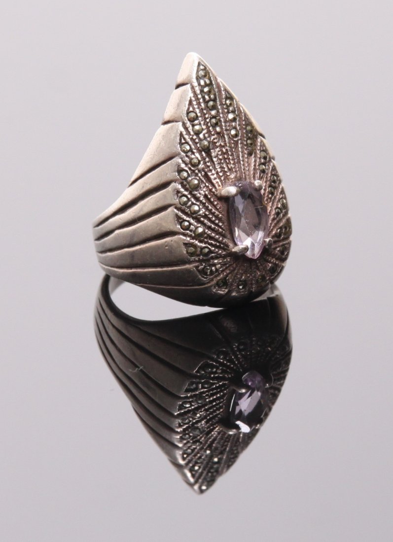 Vintage Art Deco sterling silver amethyst oval cut ston: Vintage Art Deco sterling silver amethyst oval cut stone and marcasite ring. Ring Size: 6.5 SIZE: see attached ruler photo. Photos are part of the description representing the condition report and can