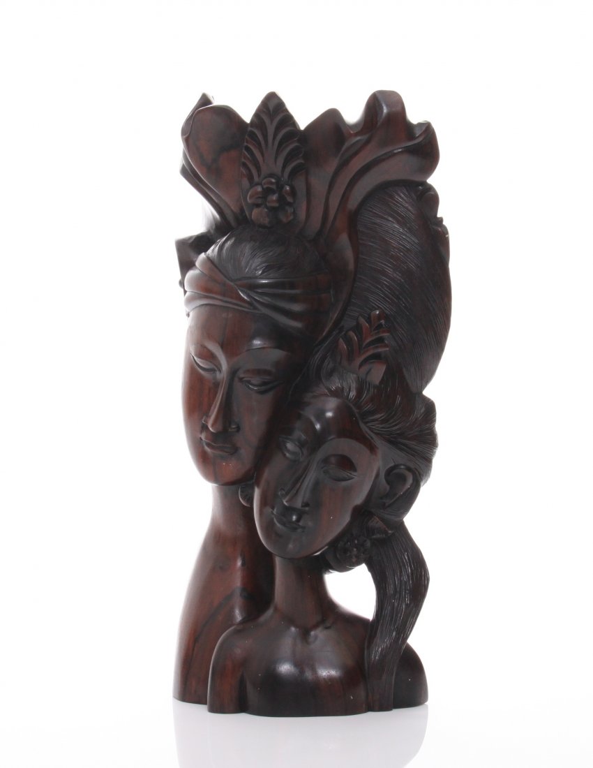 Indonesian / Balinese, a solid exotic rosewood carving: Indonesian / Balinese, a solid exotic rosewood carving of two young newlywed lovers. SIZE: see attached ruler photo. Photos are part of the description representing the condition report and can be use