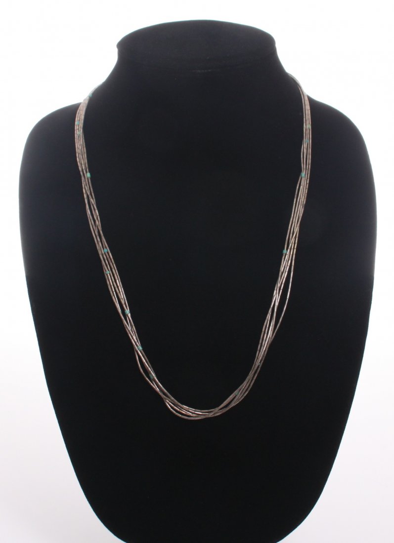 Antique Native American sterling silver and turquoise t: Antique Native American sterling silver and turquoise tube necklace SIZE: see attached ruler photo. Photos are part of the description representing the condition report and can be used for authenticat