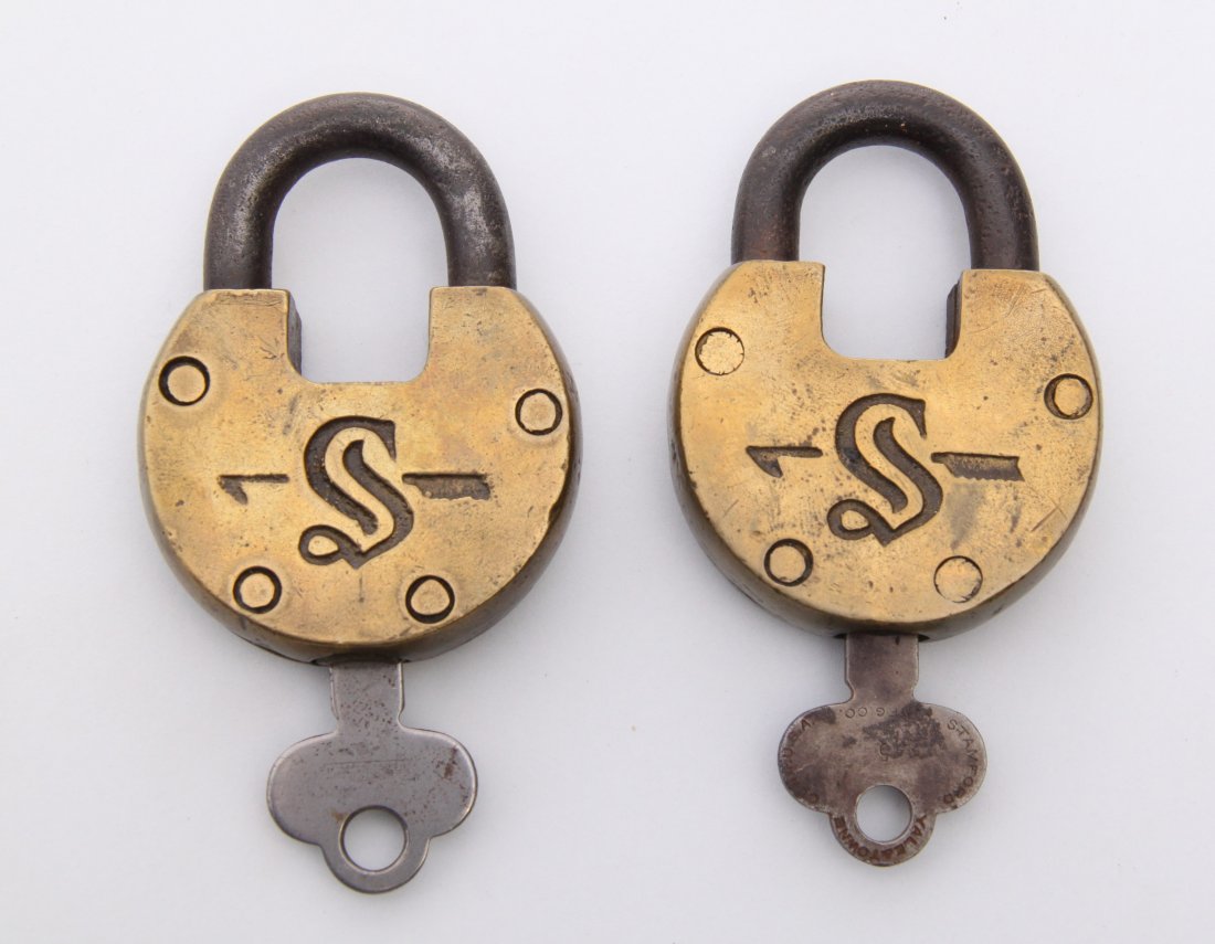Two(2) Antique rail road locks. Markings: S SIZE: see: Two(2) Antique rail road locks. Markings: S SIZE: see attached ruler photo. Photos are part of the description representing the condition report and can be used for authentication prior to the sale da