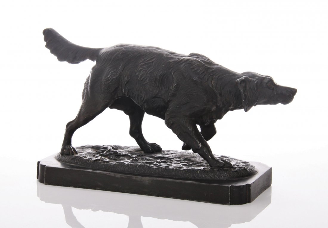 Antique metal sculpture of a hunting dog with green pat: Antique metal sculpture of a hunting dog with green patina. SIZE: see attached ruler photo. Photos are part of the description representing the condition report and can be used for authentication prio
