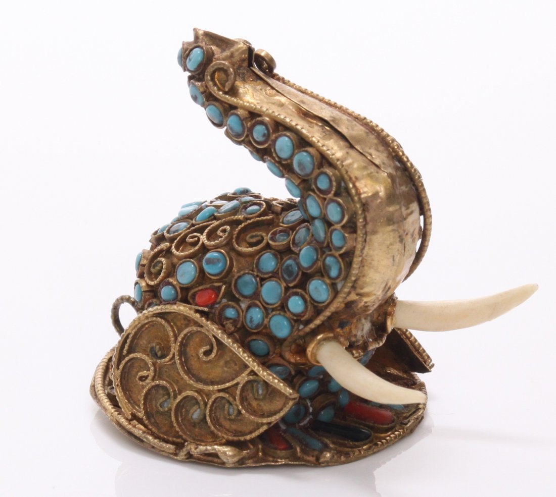 1920's Chinese Tibet/Nepal brass elephant with red cora: 1920's Chinese Tibet/Nepal brass elephant with red coral, black coral and blue turquoise. SIZE: see attached ruler photo. Photos are part of the description representing the condition report and can b