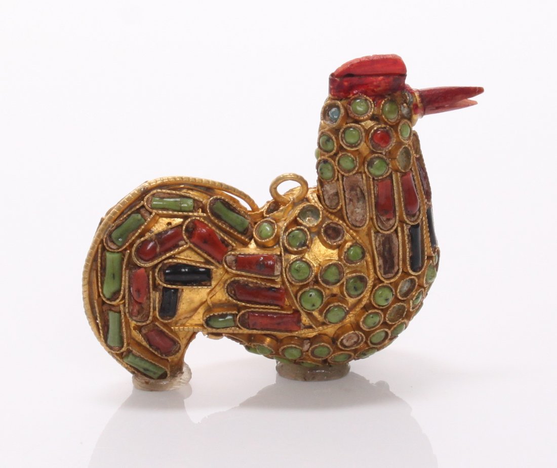 1920's Chinese Tibet/Nepal brass rooster with red coral: 1920's Chinese Tibet/Nepal brass rooster with red coral, black coral and green turquoise. SIZE: see attached ruler photo. Photos are part of the description representing the condition report and can b
