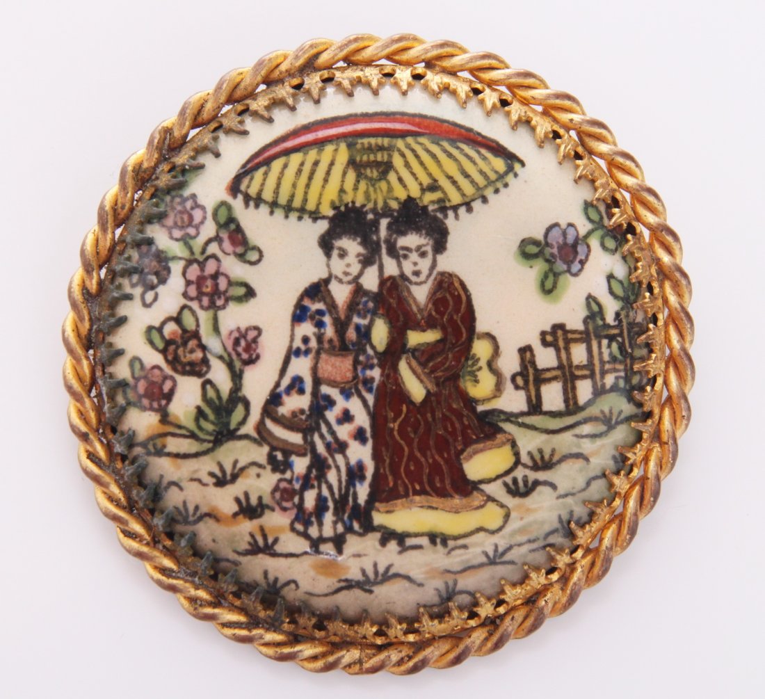Antique Asian hand painted brooch. SIZE: see attached: Antique Asian hand painted brooch. SIZE: see attached ruler photo. Photos are part of the description representing the condition report and can be used for authentication prior to the sale date. Panga