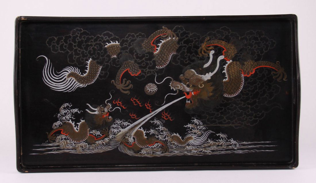 Shinshao An Baeukee Foochow, China hand painted black l: Shinshao An Baeukee Foochow, China hand painted black lacquer server tray. SIZE: see attached ruler photo. Photos are part of the description representing the condition report and can be used for auth