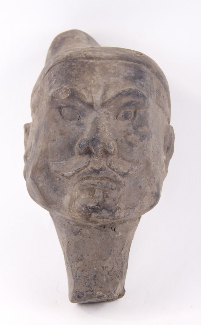 Chinese Xian Warrior style terra cotta grey pottery hea: Chinese Xian Warrior style terra cotta grey pottery head sculpture. Unknown artist. SIZE: see attached ruler photo. Photos are part of the description representing the condition report and can be used