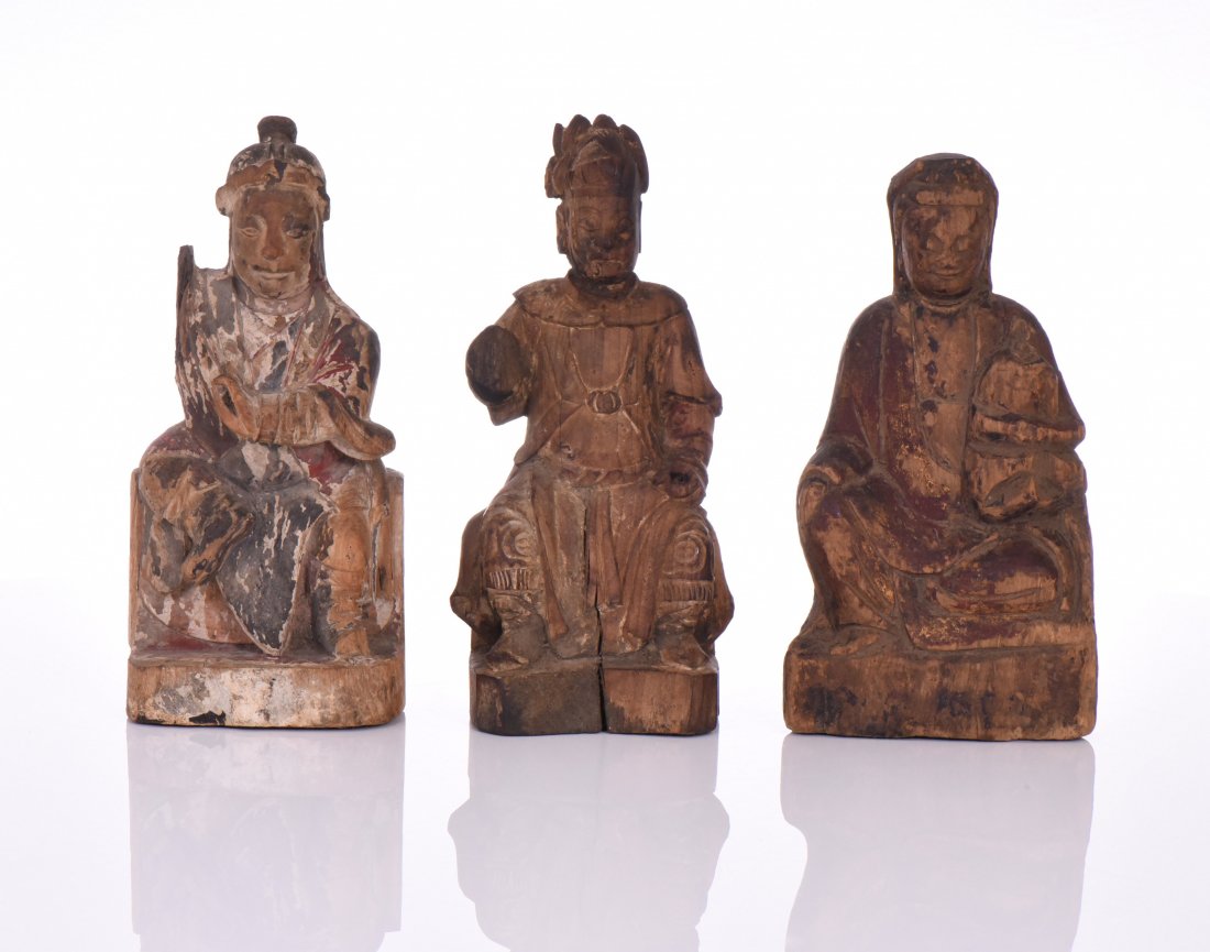 Three Antique Sino Tibetan Painted Carved Wood: Three Antique Sino Tibetan Painted Carved Wood Deity Figures. Provenance: From The Same Collection But Acquired From Different Temples During the Mid-Century. Estimated more than 300 yrs old. Tibetan