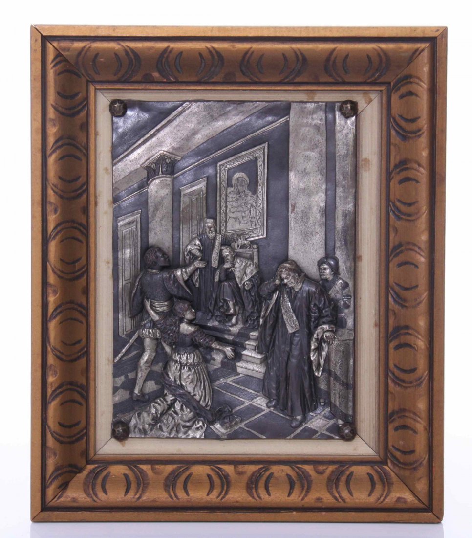 Rare antique metal relief sculpture depicting: Rare antique metal relief sculpture depicting Othello during Act I of Shakespeare's play "The tragedy of Othello, the Moor of Venice". The African man is Othello, pleading for the justice of his union