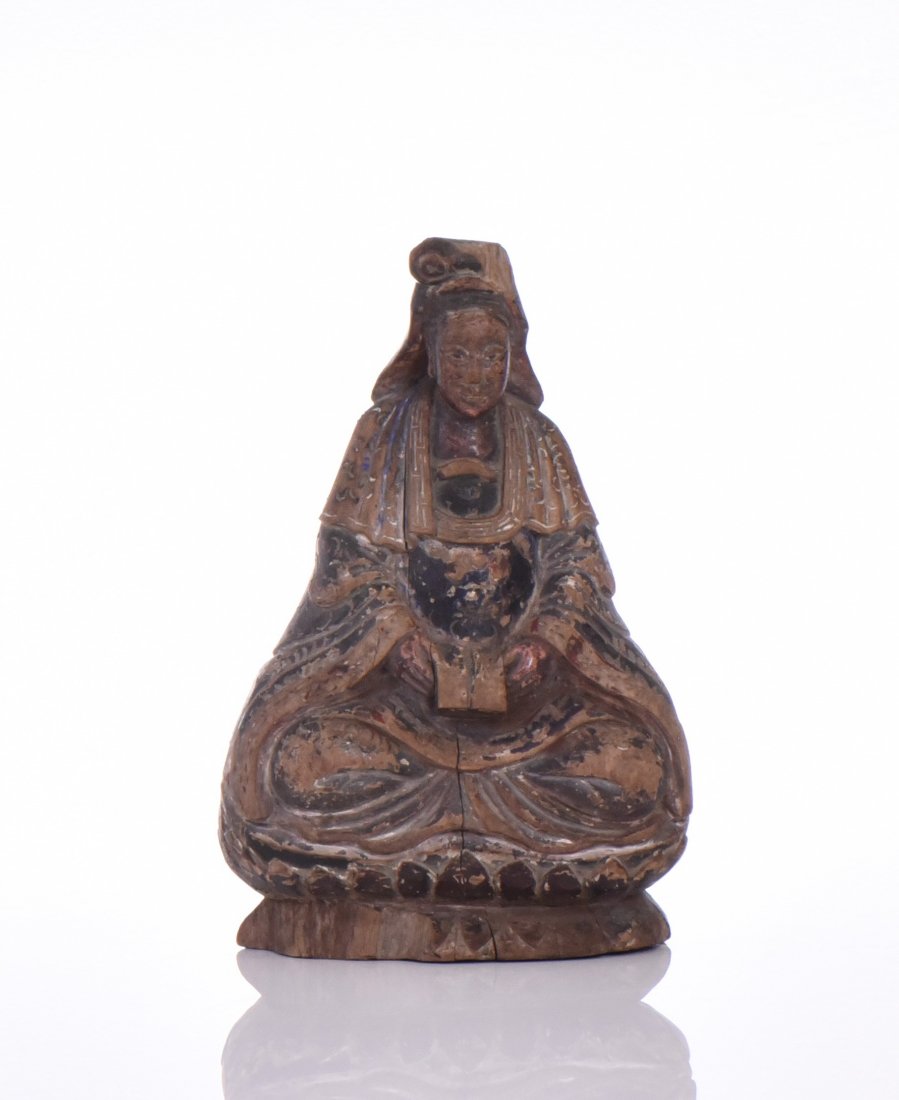Antique Chinese Wood Carved Statue of A Robed: Antique Chinese Wood Carved Statue of A Robed Woman In A Seated Position Holding A Book. Estimated more than 300 yrs old. Chinese art is visual art that, whether ancient or modern. Early "stone age ar