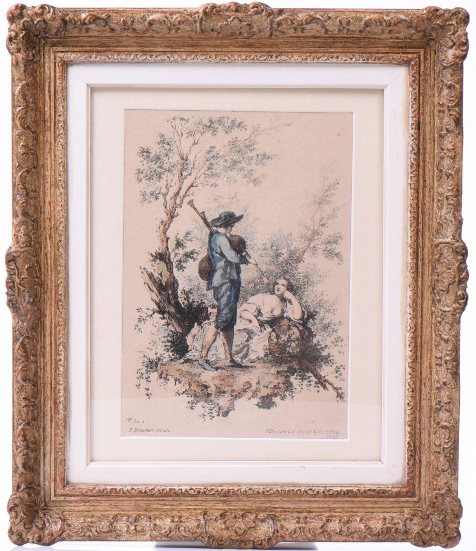 Francesco Bartolozzi Colored Etching Dated 1793: Francesco Bartolozzi Colored Etching Dated 1793. After A Francois Boucher Painting. New Archive Mounting, Beautiful Period Frame. Size: 16' X 19" Estimated more than 100 yrs old. Fine Art. Size: See R
