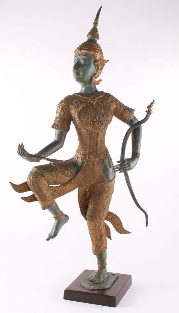 Thai/Balinese Mythical Archer parcel gilt acce: Thai/Balinese Mythical Archer parcel gilt accents to clothing and tip of bow. Condition Report: Broken Arrow Tip. Estimated more than 50 yrs old. Indonesian art consists of various artistic expression