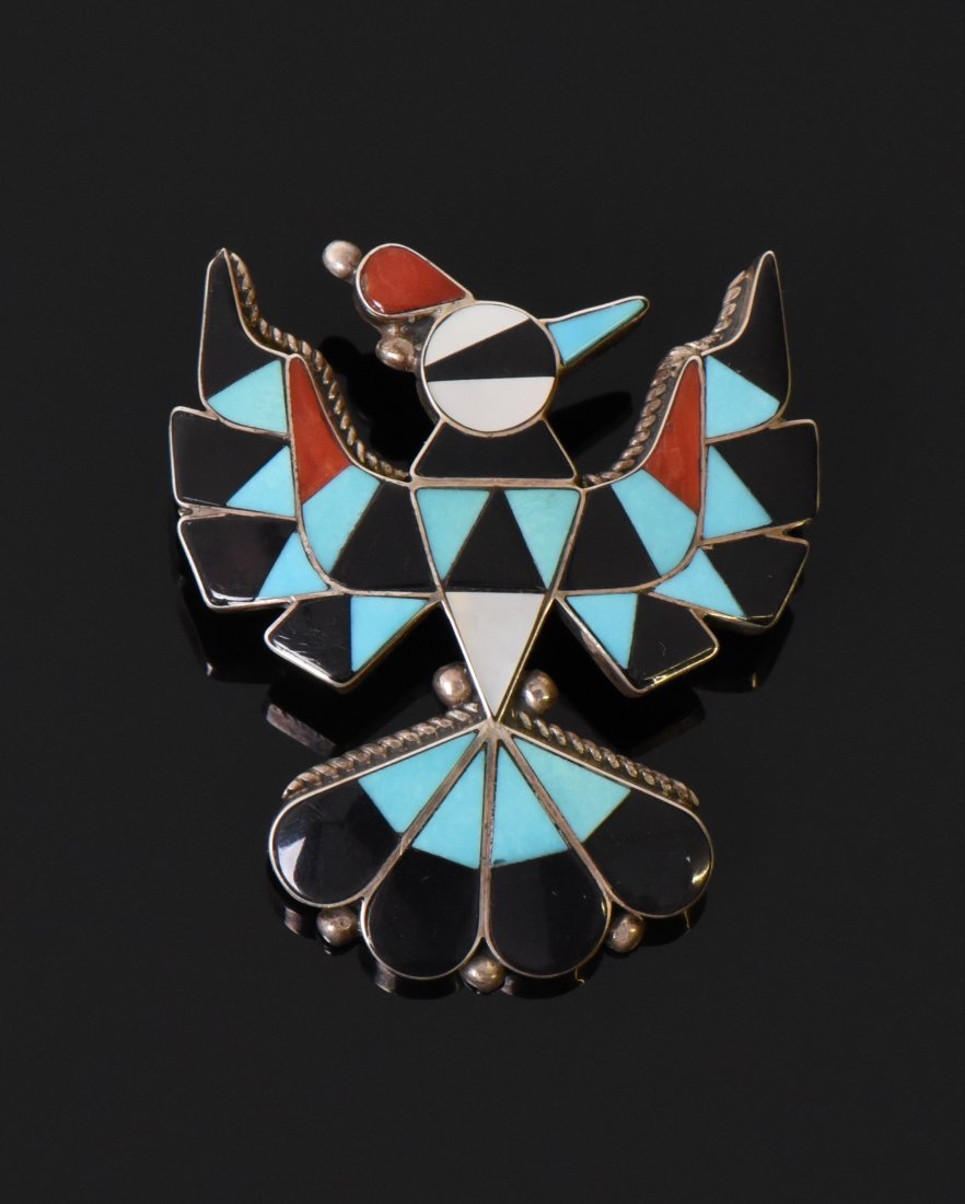 Zuni Handmade Phoenix Bird, Mosaic Inlay Of Bl: Zuni Handmade Phoenix Bird, Mosaic Inlay Of Blue Turquoise, Coral, Black Onyx, and Mother of Pearl, Set In 925 Sterling Silver. Silver Tested. Estimated more than 50 yrs old. The Zuni Native Americans