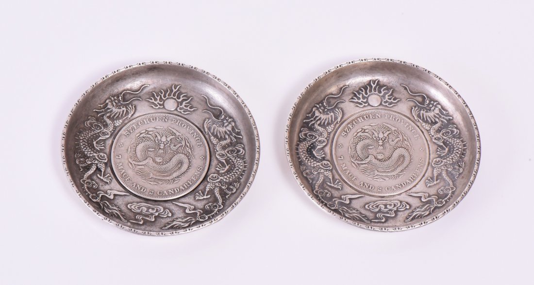 Two Chinese Republic Silver Pin Dish With A Xu: Two Chinese Republic Silver Pin Dish With A Xuan Tong Yuan Bao Coin Center Bearing The Szechuan Province And 7 Mace And 2 Candareens Markings. Estimated more than 50 yrs old. Silver approximately cons
