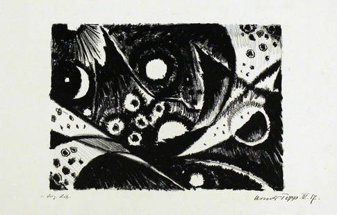 Topp, Arnold (1887 in Soest - c. 1960): Ohne Titel. Lithographie (l. Altersspuren), re. u. handschriftlich sign. und dat. "IV(19)17" sowie bez. "Orig. Lith.". Blatt aus einer Mappe, der Ehefrau des Architekten Bruno Taut, Hedwig Taut gewidm
