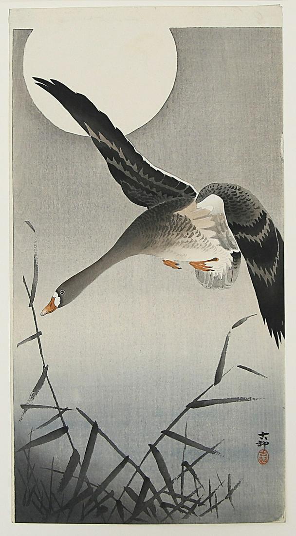 Ohara, Koson (1877 Japan 1945): Wildgans. Farbholzschnitt, kalligraphisch bez. und rote Siegelmarke Koson. 36x 19 cm. PP.