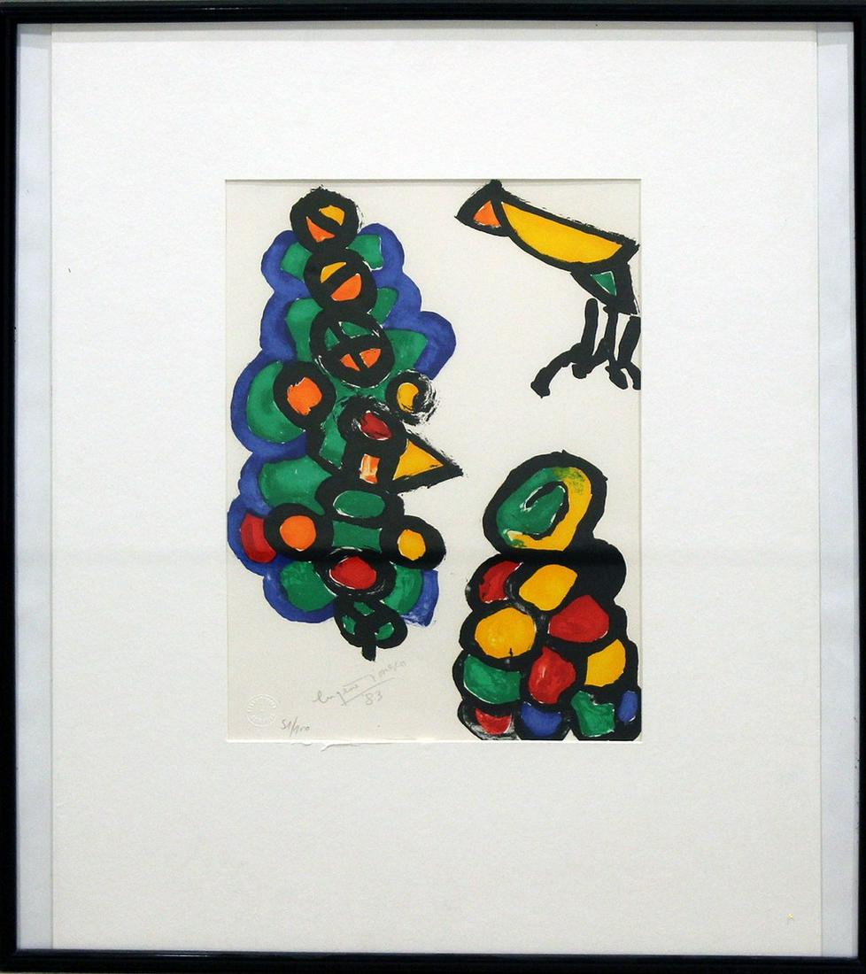 Ionesco, Eugene (1909 Slatina - Paris 1994): Komposition. Farblithographie/Papier, li. u. mit Bleistift sign. und dat. (19)83 sowie Ex. 51/100 und Trockenstempel "Erker Presse - St. Gallen". Sichtmaß ca. 36x 24,5 cm. PP., R., 62,5x 48 cm.