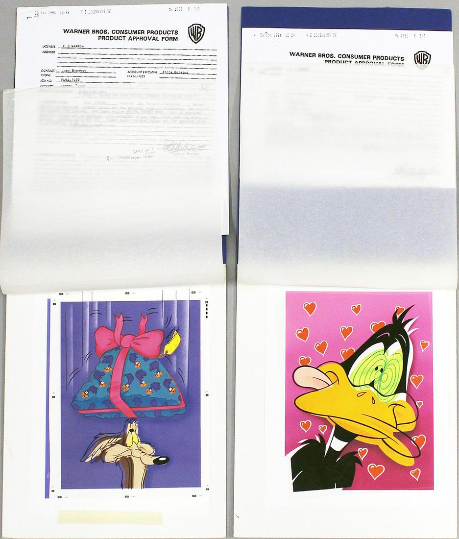 Warner Bros. "Looney Tunes"-Postkartenentwürfe.: Fünf Greeting Cards: "Wile e Coyote under falling present", "Daffy Duck in Love", "Yosimite Sam Gun Shooting", "Wile and Road Runner on Bike" und "Bugs and Duffy Circus in town". Wohl Farbproofab