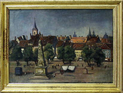 Wilhelm, Paul (1886 Greiz – Radebeul 1965): Erfurt - Blick vom Domplatz auf die Altstadt. Öl/Lwd., verso mit der handschriftlichen Nachlassbestätigung von Prof. Werner Schmidt, 1985. Entstanden um 1951. 45,5x 62 cm. In alter Berliner Leiste (