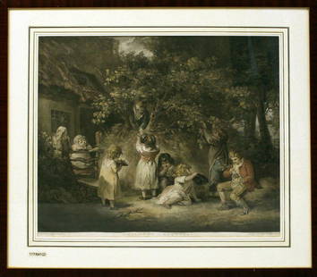 Morland, Georges (1763-1804), nach: Children Nutting. Kolorierte Aquatintaradierung (l. fleckig und gebräunt) von William Ward & Dayes nach einer Gemäldevorlage von Morland. Erschienen bei John Raphael Smith, London, 1789. 45,