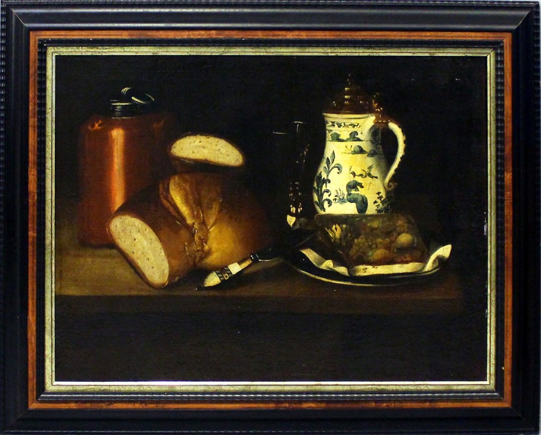 Unbekannter Maler (18. Jh.): Stillleben mit Steinzeugflasche, Fayencekrug, Brot, wohl SÃ¼lze auf einem Teller und Messer, auf Tisch arrangiert. Ã–l/Lwd. (doubliert und rest.). Ca. 55x 74 cm. R., ca. 73x 91,5 cm.