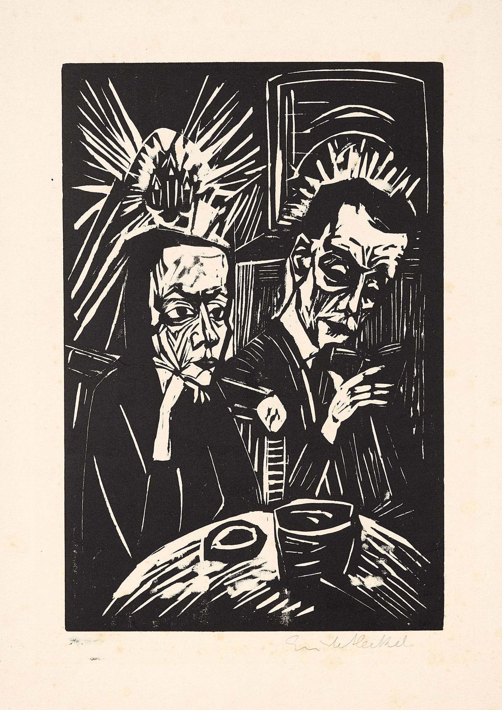 ERICH HECKEL (1883 DÃ¶beln - 1970 Radolfzell): Beim VorlesenHolzschnitt auf BÃ¼tten. 1914. 30 x 20 cm (51,4 x 35,7 cm).Signiert â€žErich Heckelâ€œ.Dube H 272, Ebner/Gabelmann 629 H/A.AussagekrÃ¤ftiger frÃ¼her Handdruck des KÃ¼nstle