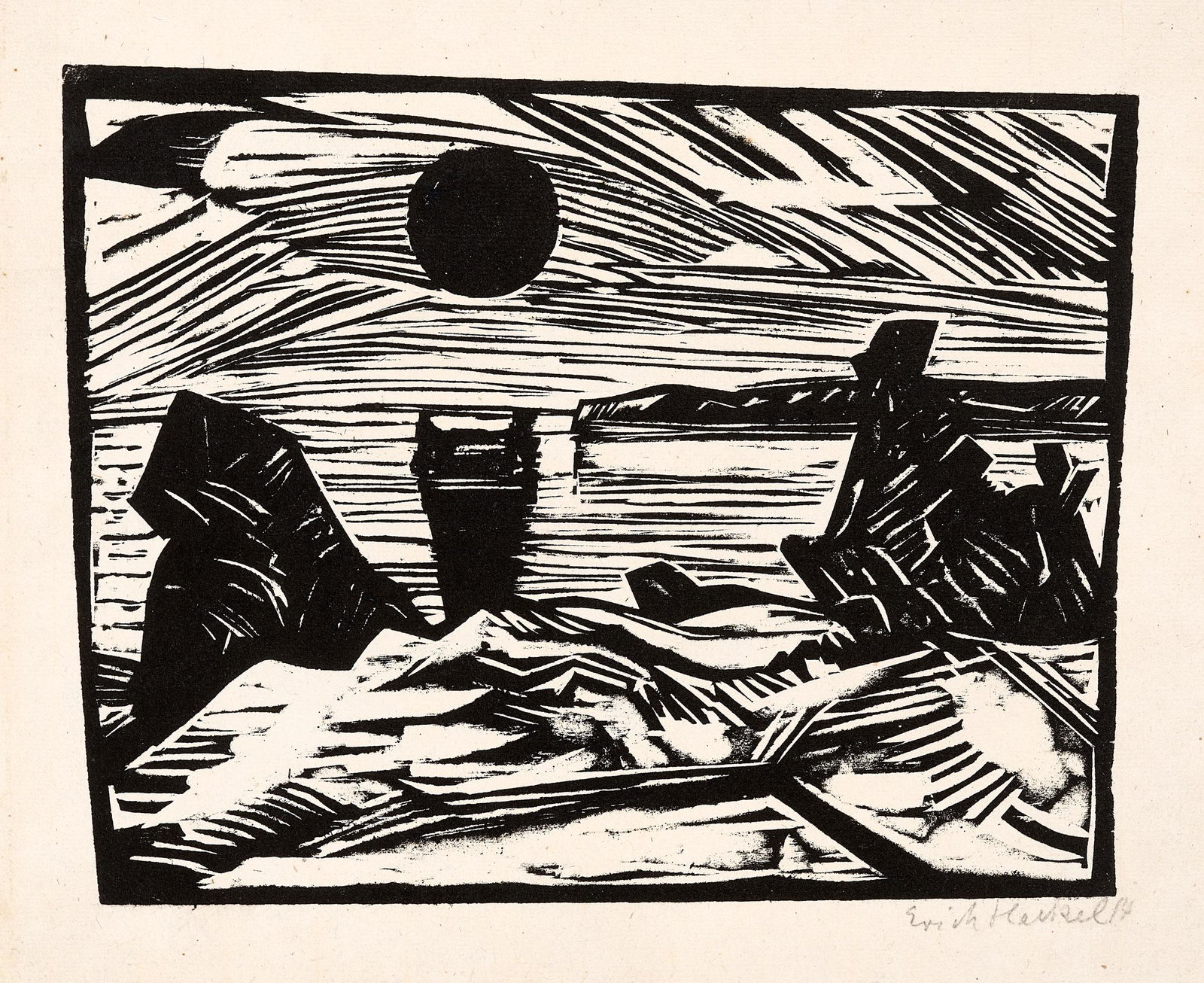 ERICH HECKEL (1883 DÃ¶beln - 1970 Radolfzell): SonnenaufgangHolzschnitt auf BÃ¼tten. 1914.25,2 x 22,3 cm (39 x 47,7 cm).Signiert â€žErich Heckelâ€œ, datiert und gewidmet â€žzugeeignet Weihnacht 14â€œDube H 284 A (von C).Provenien