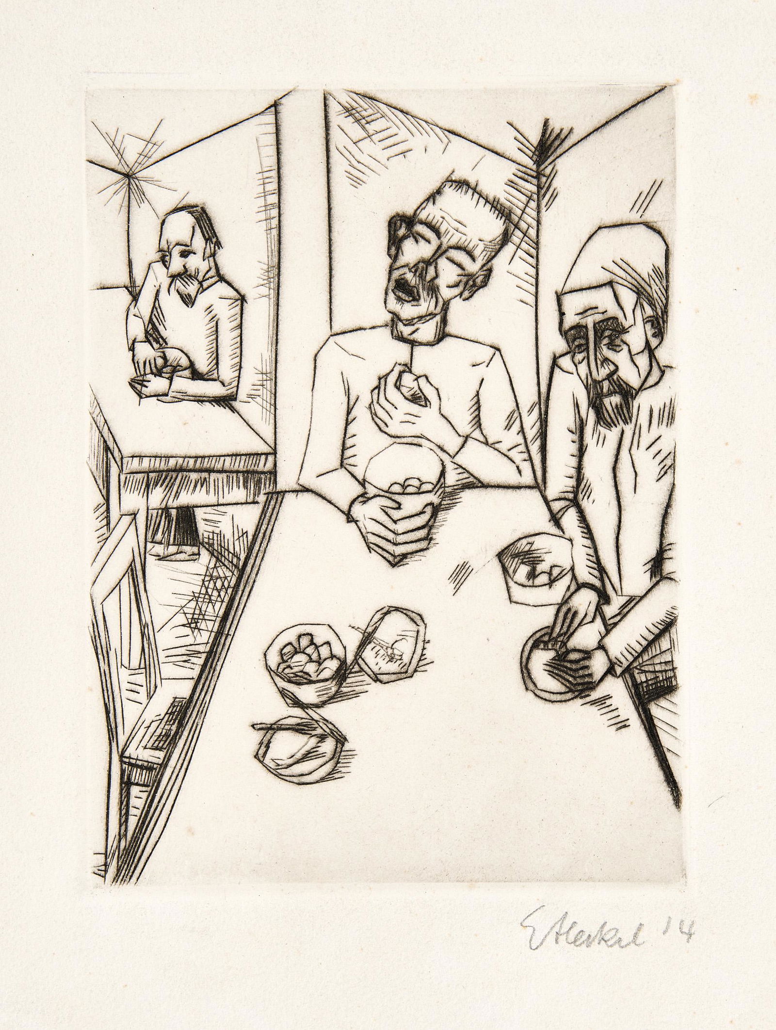 ERICH HECKEL (1883 DÃ¶beln - 1970 Radolfzell): Irre beim EssenKaltnadel auf leichtem Karton. 1914.19,1 x 14,3 cm (29,5 x 23,2 cm).Signiert â€žEHeckelâ€œ und datiert.Dube R 129 A (von B).Brillanter, kontrastreicher Druck mit Rand.