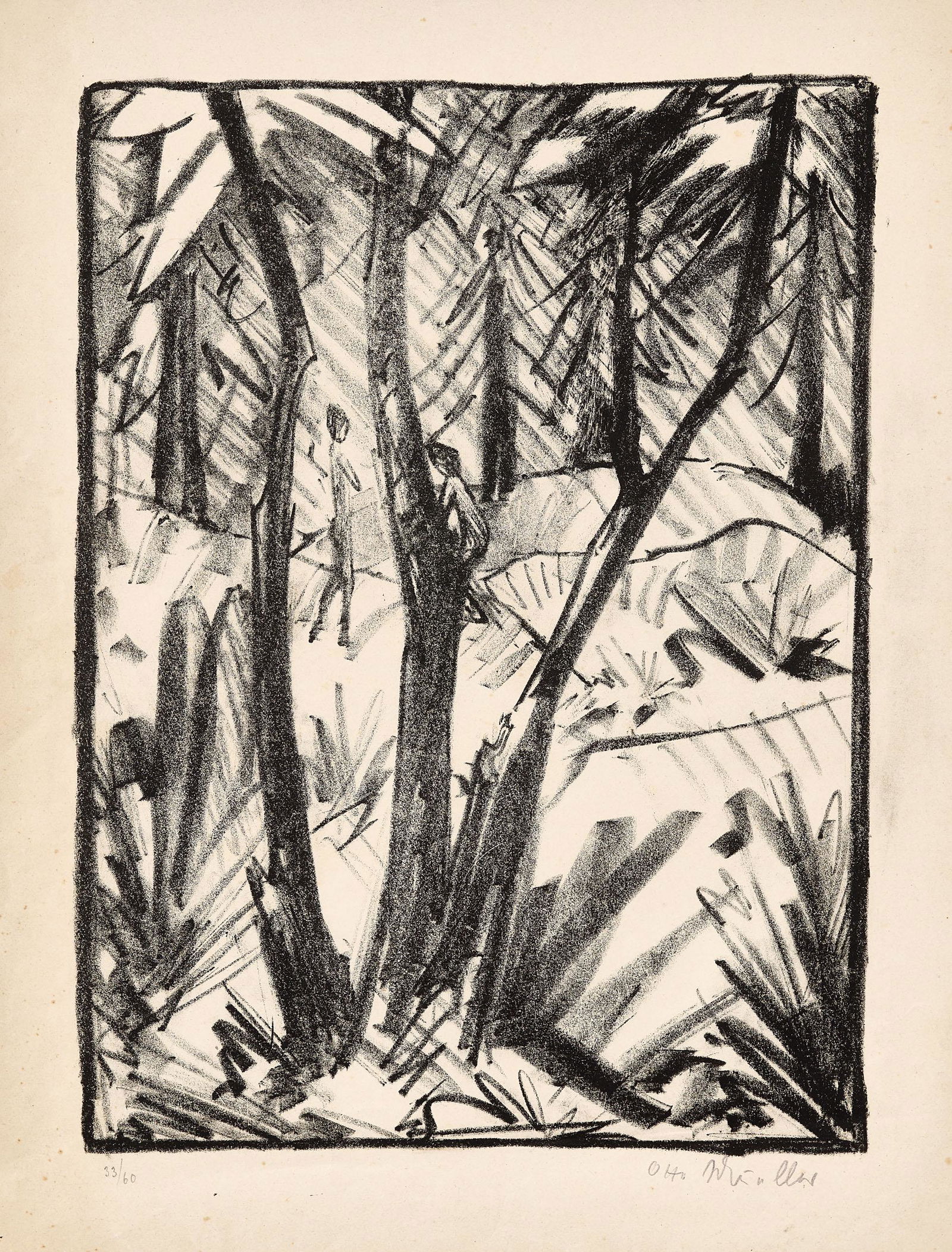 OTTO MUELLER (1874 Liebau - 1930 Breslau): Waldlandschaft mit kleinen Figuren (2)Lithographie auf leichtem Kupferdruckpapier. Um 1919. 39,8 x 29,5 cm (50,5 x 38,6 cm).Signiert â€žOtto Muellerâ€œ. Auflage 60 num. Ex. Karsch 74.Das selte