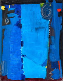 MAX ACKERMANN (1887 Berlin - 1975 Unterlengenhardt): Komposition in Blau (Strahlende Pforte) Acryl auf Leinwand. 1964.65,2 x 50,1 cm. Verso auf dem Keilrahmen mit Pastellkreide in Dunkelblau signiert „Ackermann“ und datiert „12. III. 1