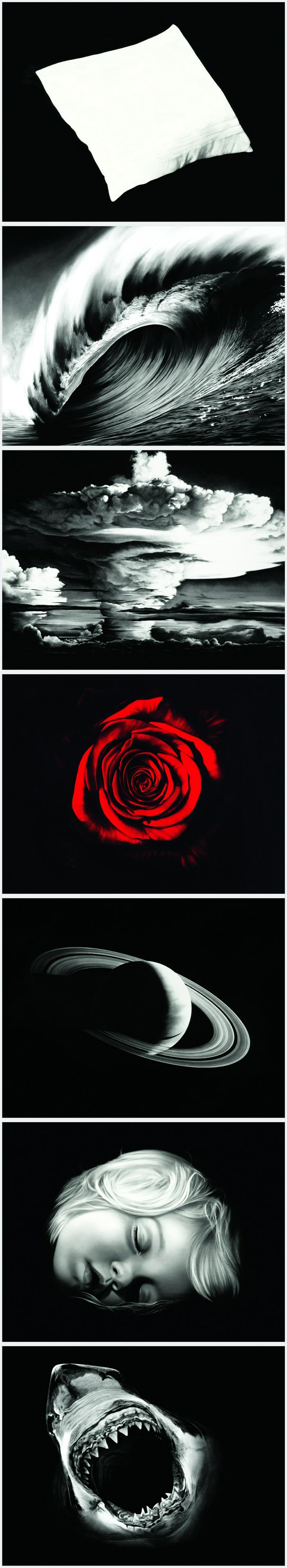 ROBERT LONGO (1953 New York City): "Essentials"7-teiliges Leporello mit 7 Digital-Pigmentdrucken (1 farbig) auf leichtem Velinkarton. 2009.Je 25 x 32 cm (GesamthÃ¶he 175 cm). Verso auf dem Klebeetikett signiert "Longo", datiert und b