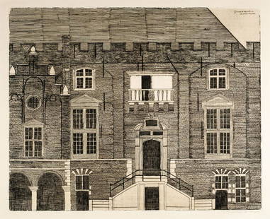 SAMUEL JESSURUN DE MESQUITA (1868 Amsterdam - 1944 Auschwitz): Stadhuis HaarlemRadierung auf Van Gelder Zonen-Bütten. 1911.41,7 x 51,2 cm (56,9 x 74,4 cm). Signiert "Jessurun de Mesquita".Van Es D 037.Von diesem frühen Blatt notiert van Es nur fünf Exemp