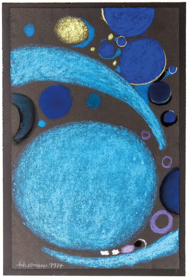 MAX ACKERMANN (1887 Berlin - 1975 Unterlengenhardt): RotationPastell auf schwarzem BÃ¼tten. 1974.48 x 31 cm. Unten links mit Bleistift signiert "Ackermann" und datiert.Die Arbeit ist im Max-Ackermann-Archiv, Bietigheim-Bissingen, unter der vorlÃ¤ufi