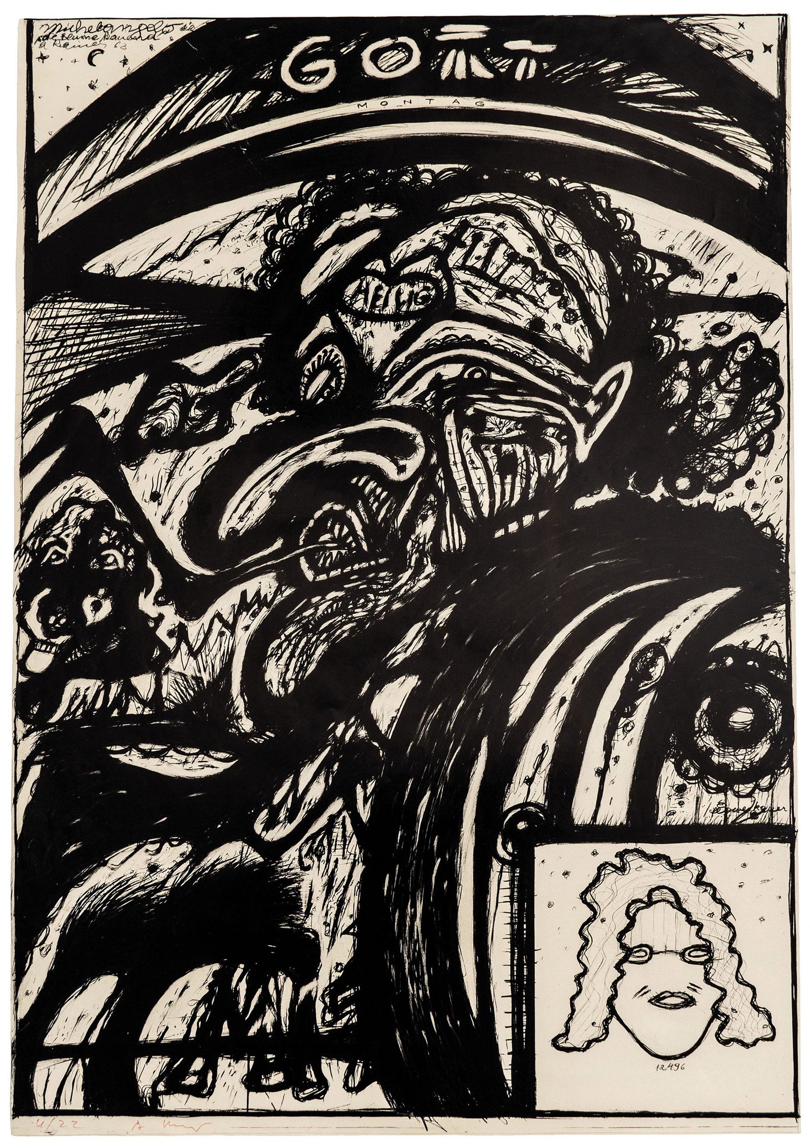 ARNULF RAINER (1929 Baden bei Wien): Michelangelo, die rote Blume kauendOffsetlithographie auf Offsetpapier. 1968.100 x 70 cm. Signiert "A. Rainer". Auflage 22 num. Ex.Breicha L 63.Seltenes Blatt, laut Breicha existieren nur 22 Exemplare