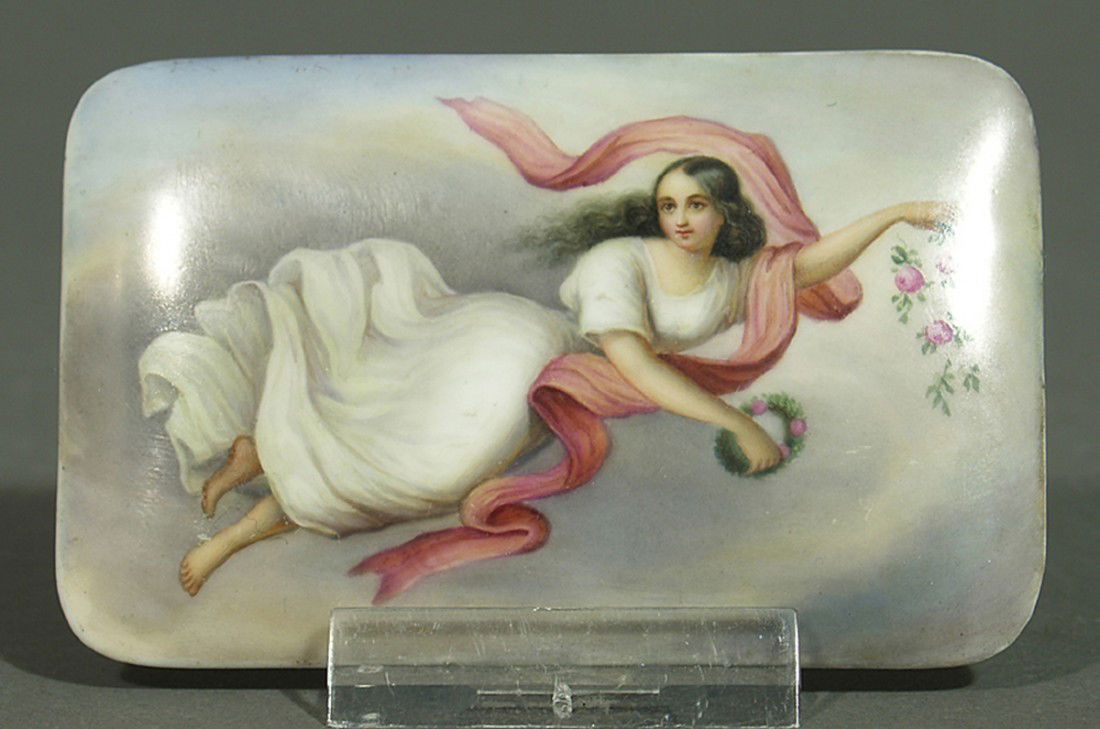 Porzellan-Bildplakette, KPM Berlin.: Rechteckig. Bunte Bemalung, wohl "Flora, Blumen streuend". Num. 120. Pressmarke KPM, Berlin, 20. Jh. 5,5x 8,5 cm.