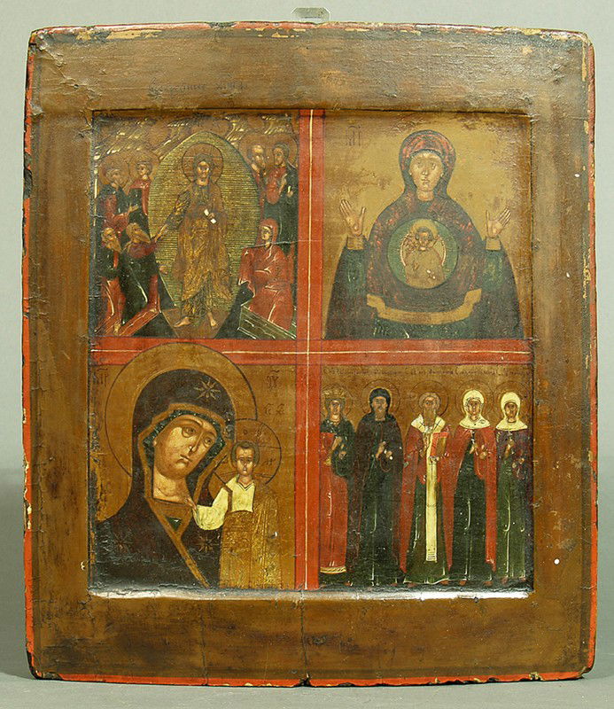 Vierfelder-Ikone.: Darstellungen der Gottesmutter, Christus mit Jüngern und div. Heilige. Tempera/Holz (besch.). Russland, Anf. 19. Jh. 31x 27,5 cm.