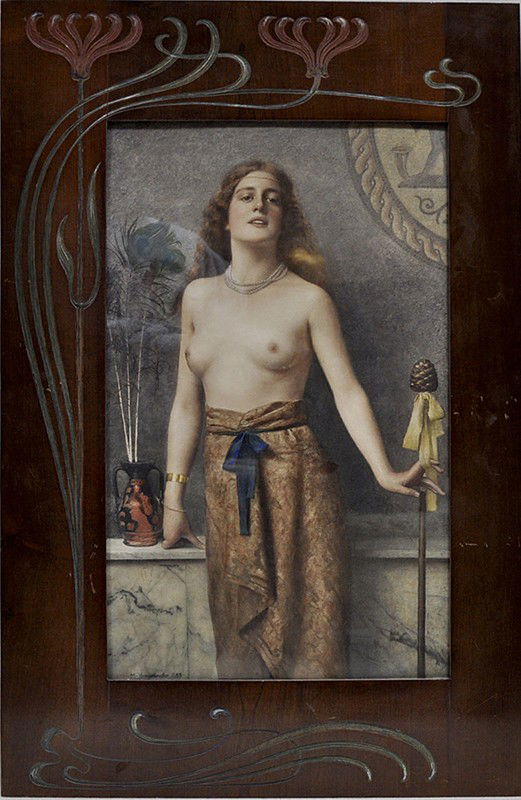 Jugenstil-Rahmen (um 1900).: Mahagoni mit bunt bemalter, floraler Kerbschnitzerei. Kratzer. Falzmaß 54x 33 cm, Rahmenbreite (asymmetrisch) 7 bis 11 cm. Inliegend Kunstdruck: Frauenakt nach Max Nonnenbruch.