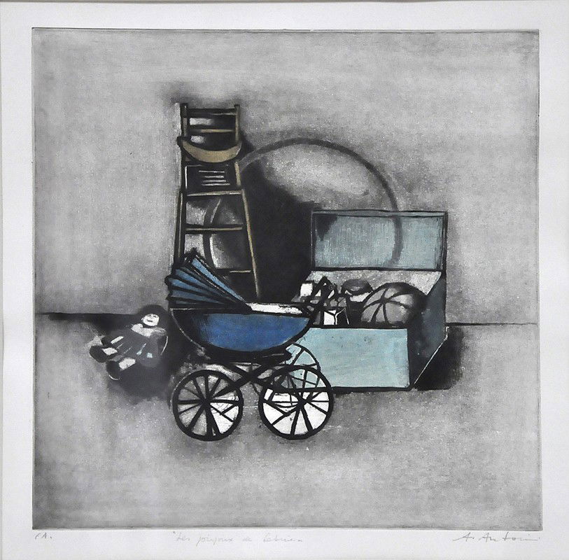 Annapia, Antonini (geb. 1942): "Les joujeux de Sabine", so mittig mit Bleistift betitelt. Farbradierung, re. u. mit Bleistift sign., Ex. EA, 34,5x 34,5 cm, PP., R.