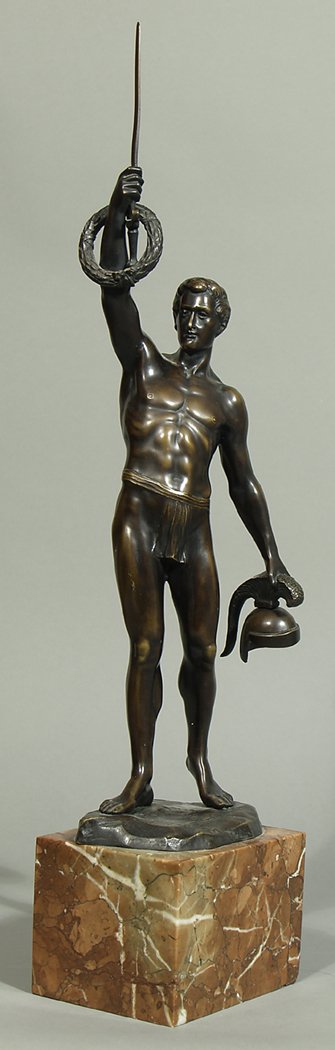 Keck, Hans (ca.1900-1920): Krieger mit erhobenen Schwert (Halbakt). Bronze mit brauner Patina, naturalistische Plinthe sign. und bez. BNE. Marmorsockel (min. best.). H. 50,5 bzw. 60,5 cm.