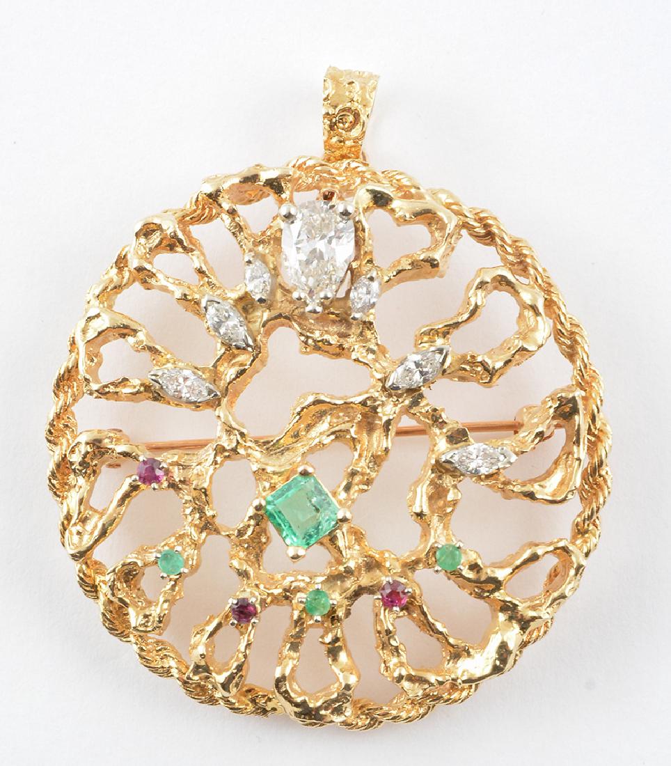 18K GOLD, DIAMONDS AND EMERALDS: *18K yellow gold brooch-pendant set with a pear-cut diamond weighing approximately 0.60ct, purity: SI1, colour: HI, 4 marquise-cut diamonds weighing an approximative total of 0.12ct, purity: SI1, colo